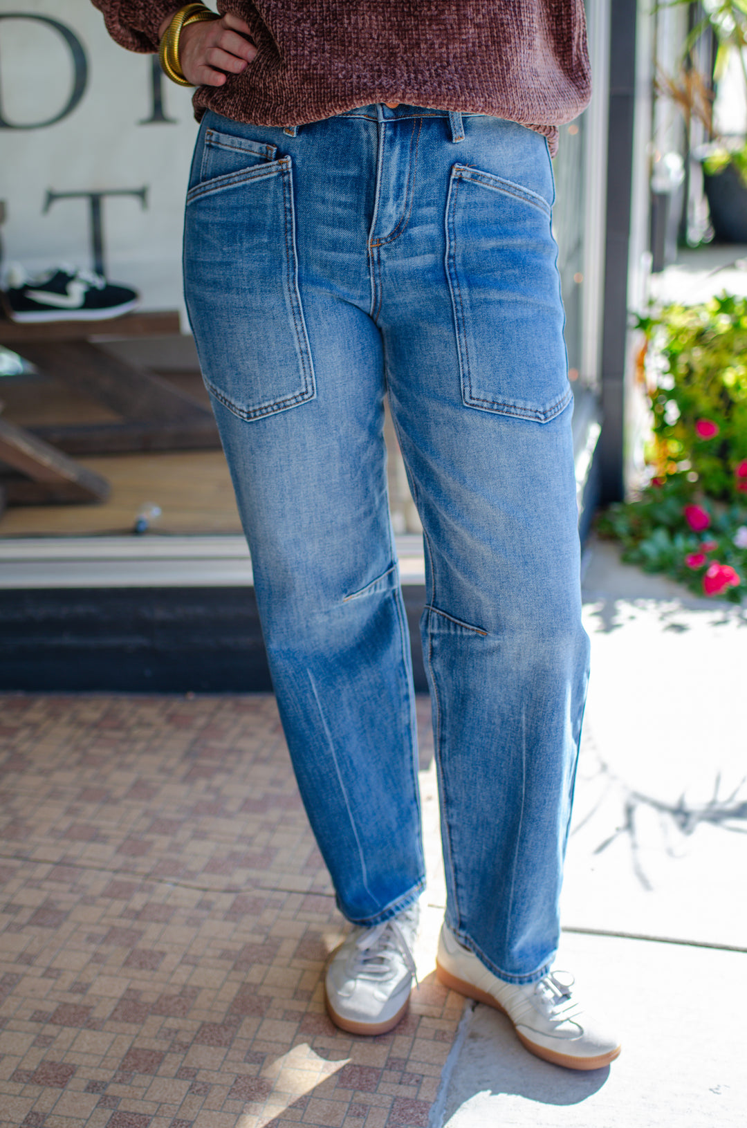 Risen 4 Way Stretch Mid Rise Barrel Leg Jeans in Dark Wash