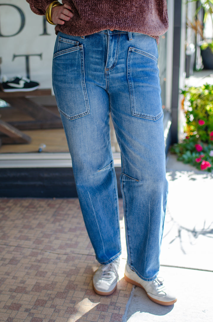 Risen 4 Way Stretch Mid Rise Barrel Leg Jeans in Dark Wash