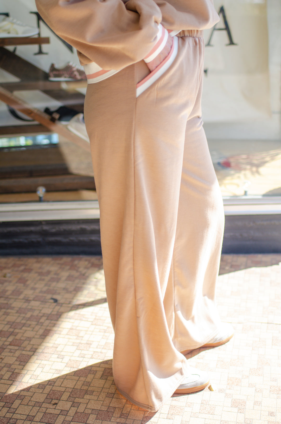 Make Your Day Tan Knit Wide Leg Pants with Pink & White Stripe Details