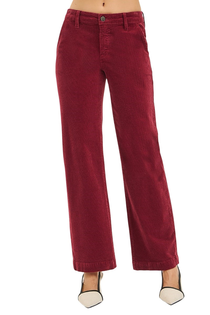 Risen Tummy Control Mid Rise Ankle Straight Leg Corduroy Pants in Wine