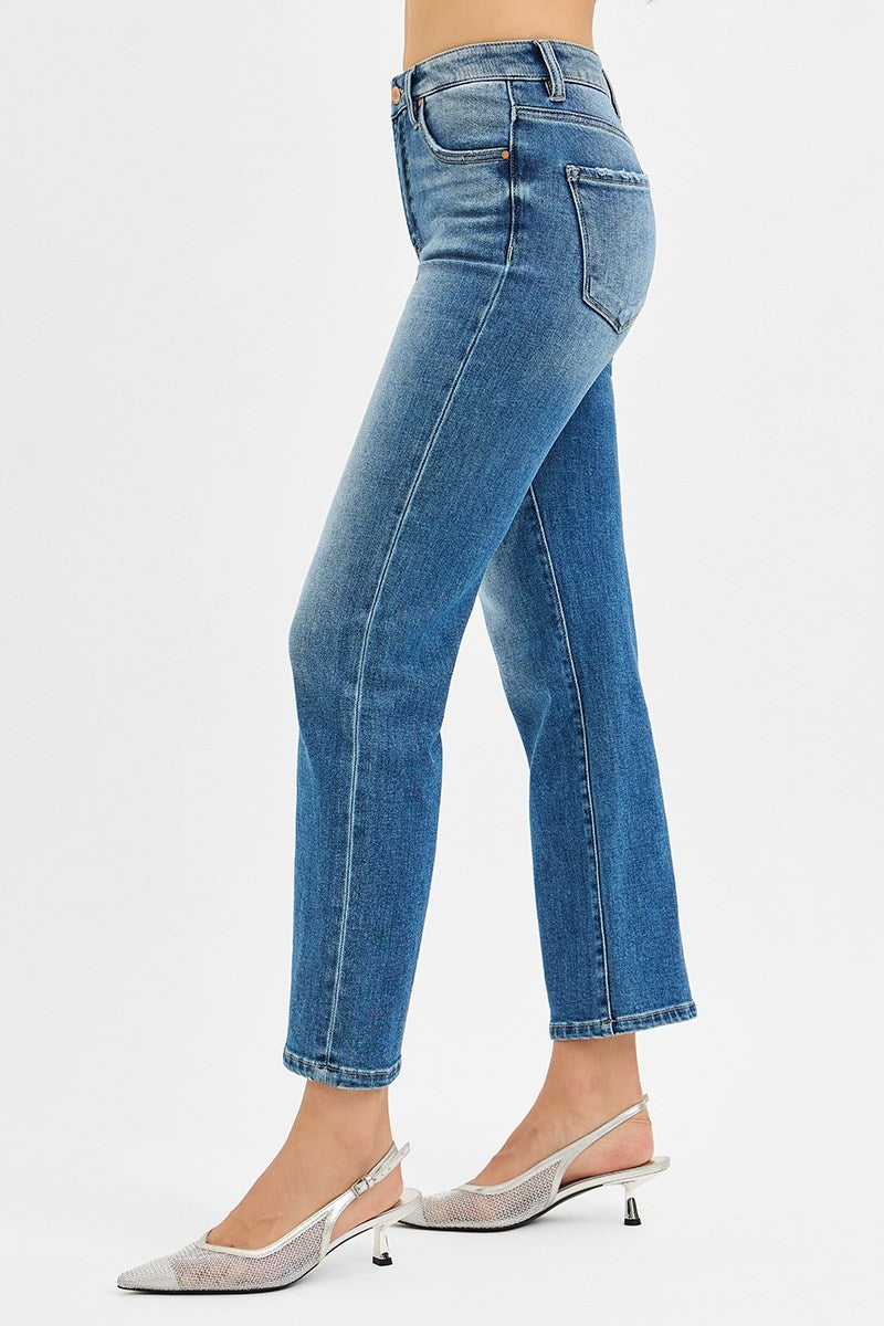 Risen Tummy Control High Rise Crop Straight Jeans in Medium Wash