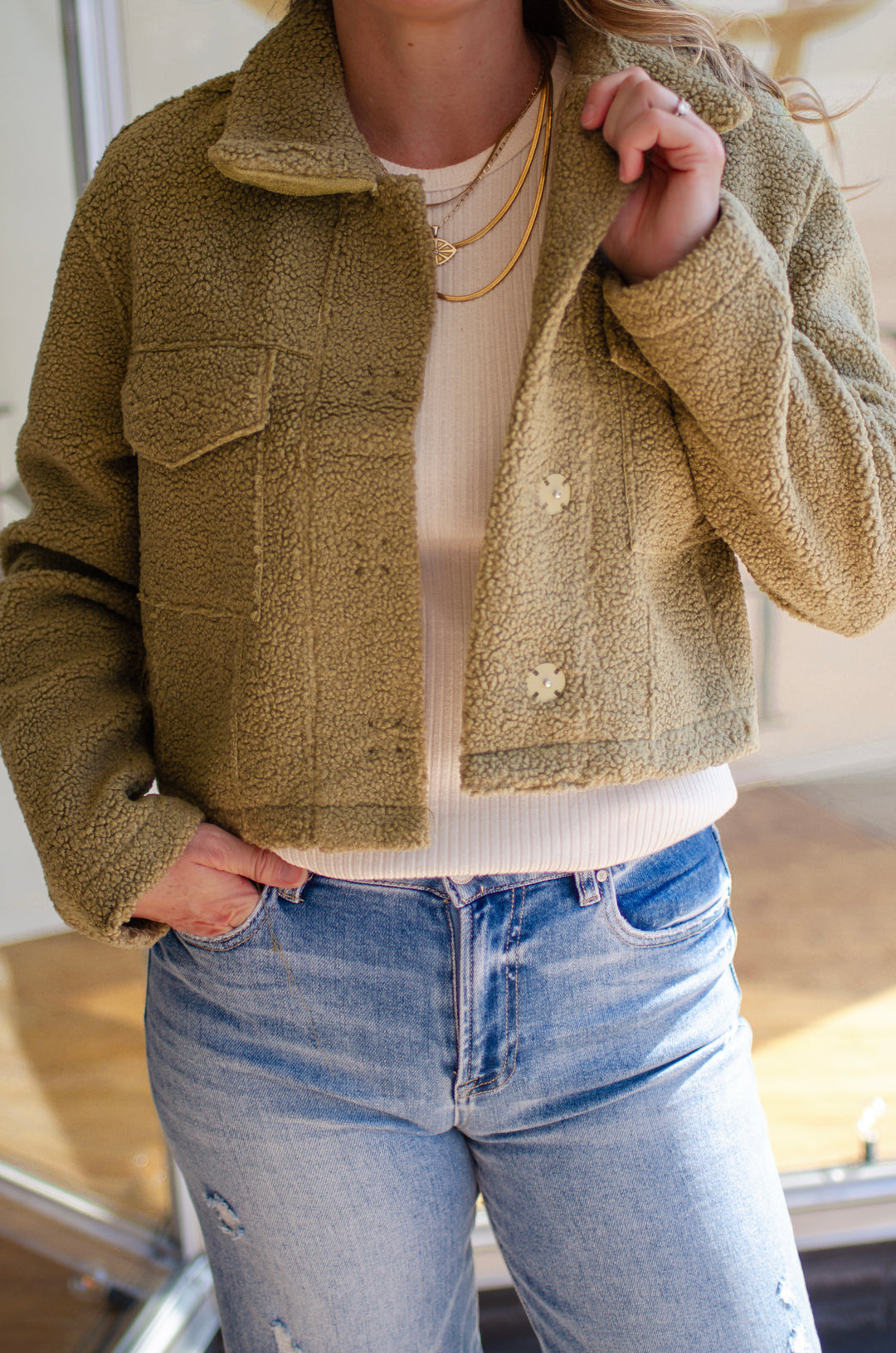 Your Like Home Shearling Cropped Button Front Jacket with Pockets in Olive