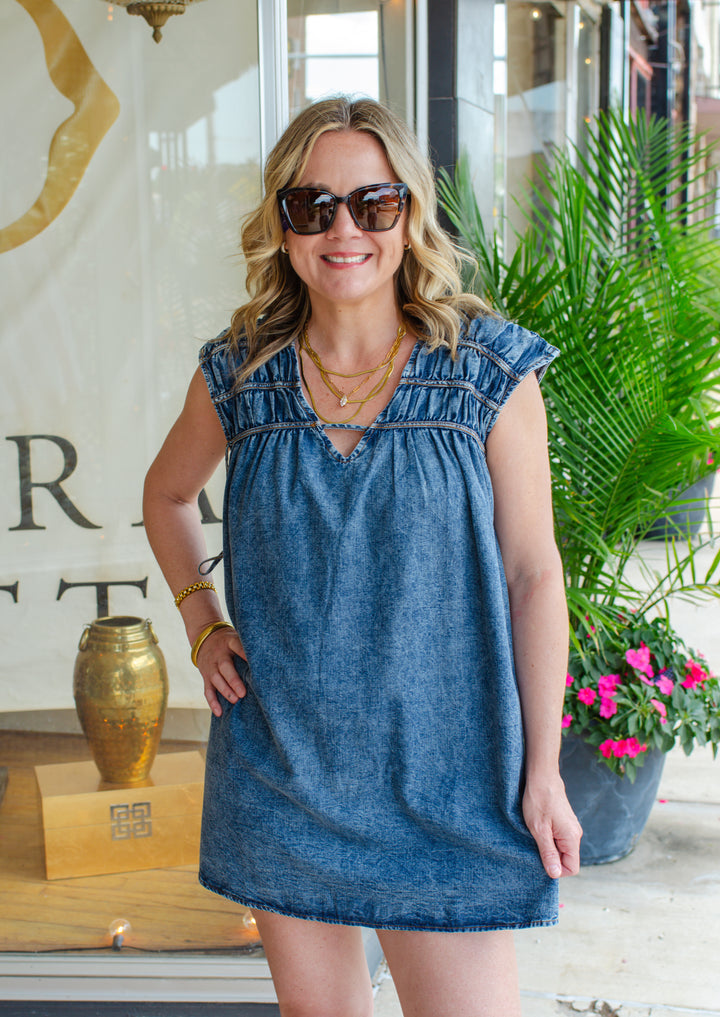 Take Your Time V-Neck Denim Ruched Dress in Medium