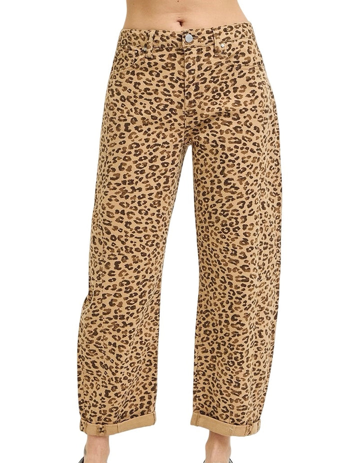 Risen Slouchy Cropped Barrel Leopard Pant in Camel