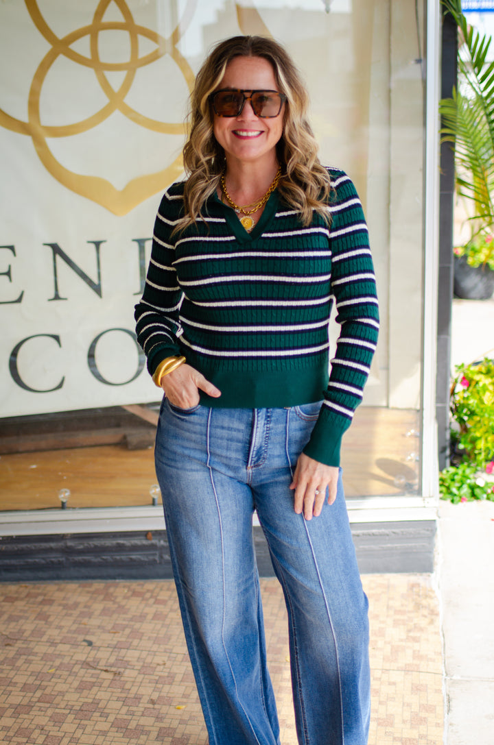 Retro Love Hunter Green & Navy Stripe Fitted Cable Knit Sweater