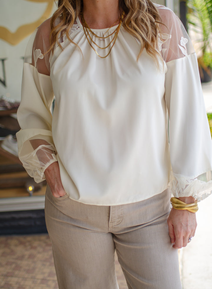 Romantic Night Floral Sheer Sleeve Round Neck Blouse in Cream