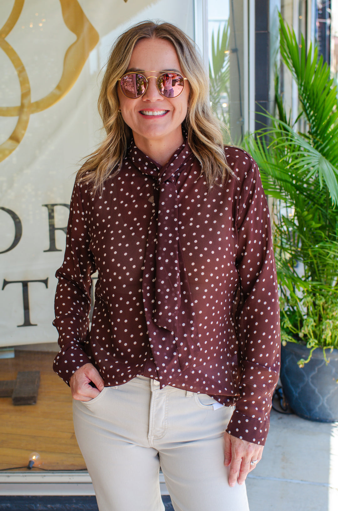 Spot On Polka Dot Neck button down Tie Top in Chocolate