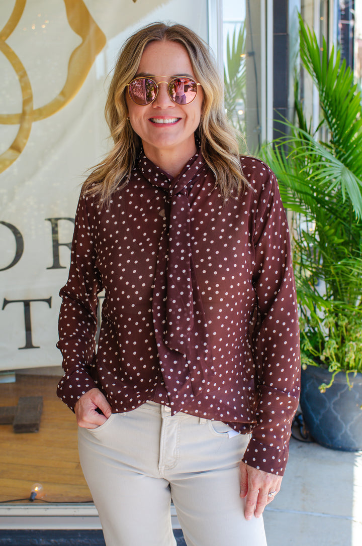 Spot On Polka Dot Neck button down Tie Top in Chocolate