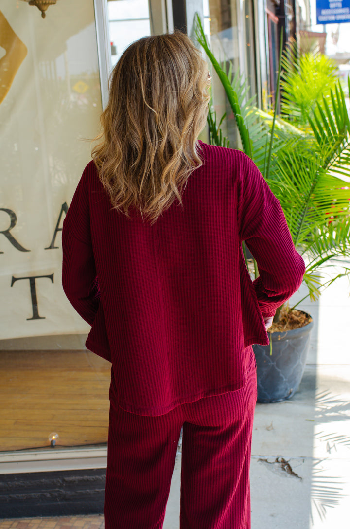Make Your Way Thermal Pocket Long Sleeve Top in Burgundy