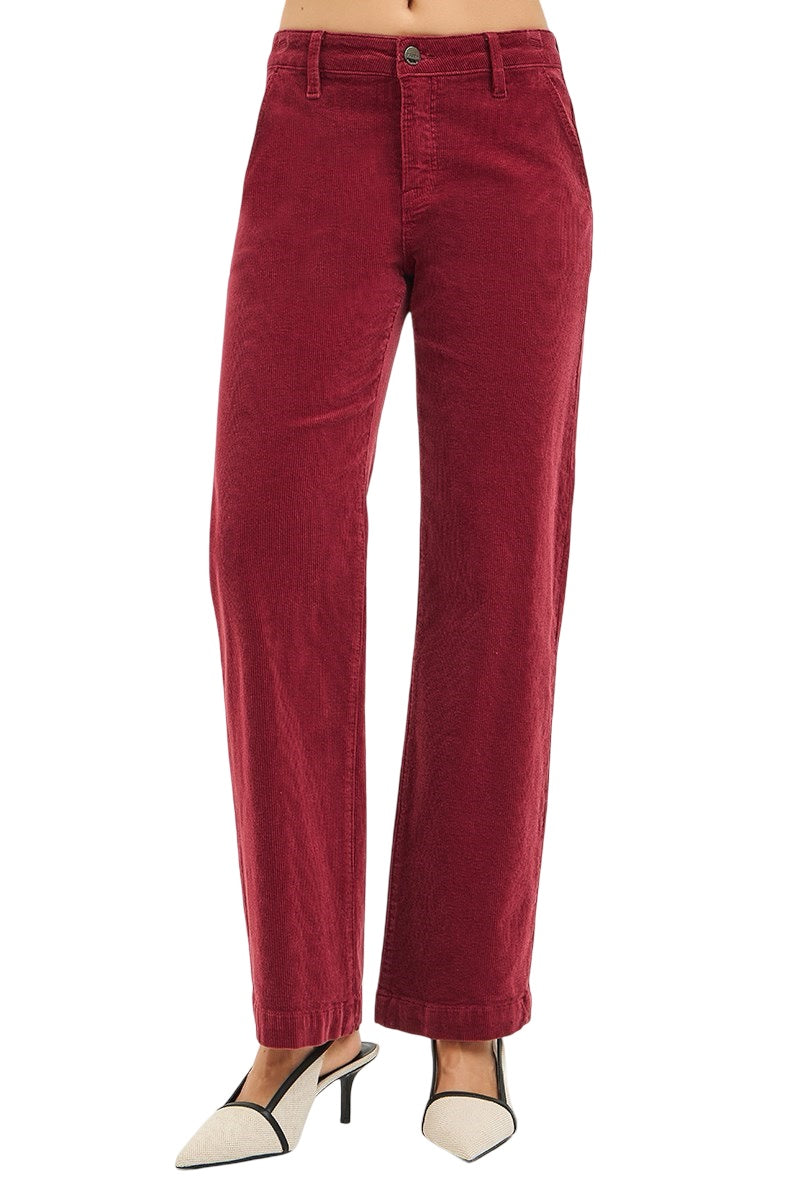 Risen Tummy Control Mid Rise Ankle Straight Leg Corduroy Pants in Wine