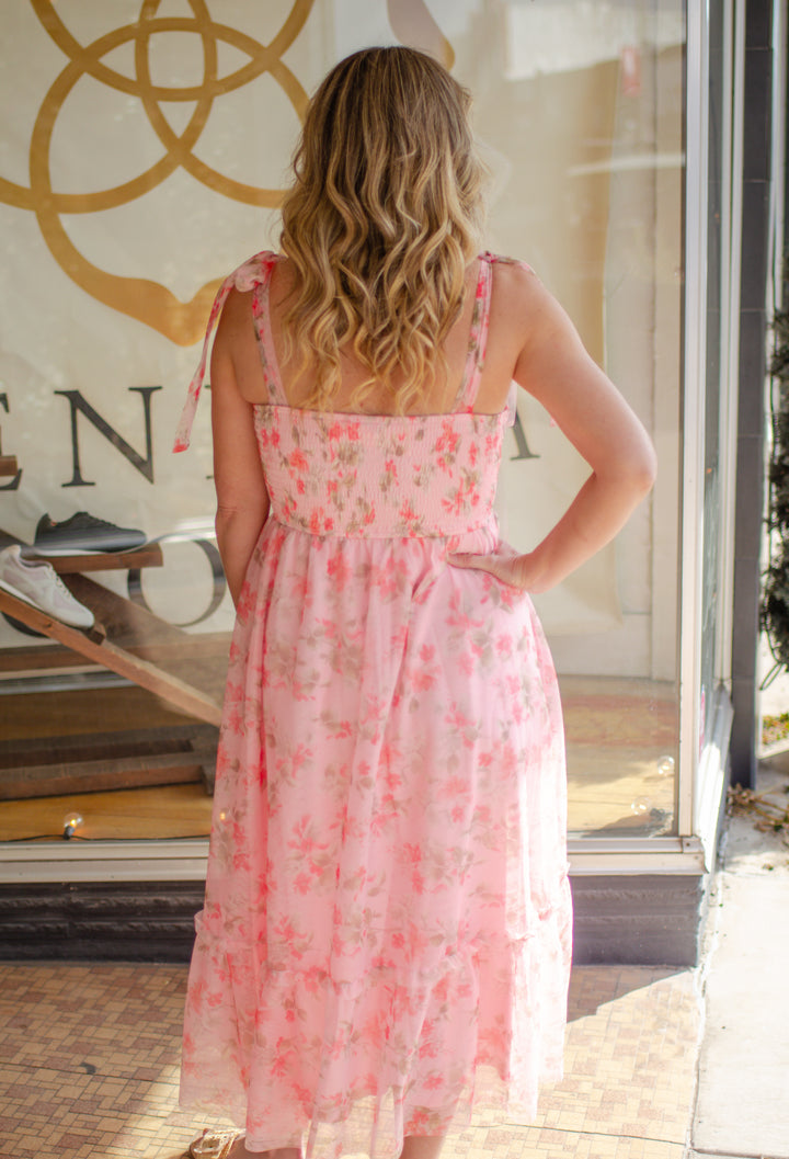 Stunning Moment Pink Floral Tull Tie Shoulder Midi Dress