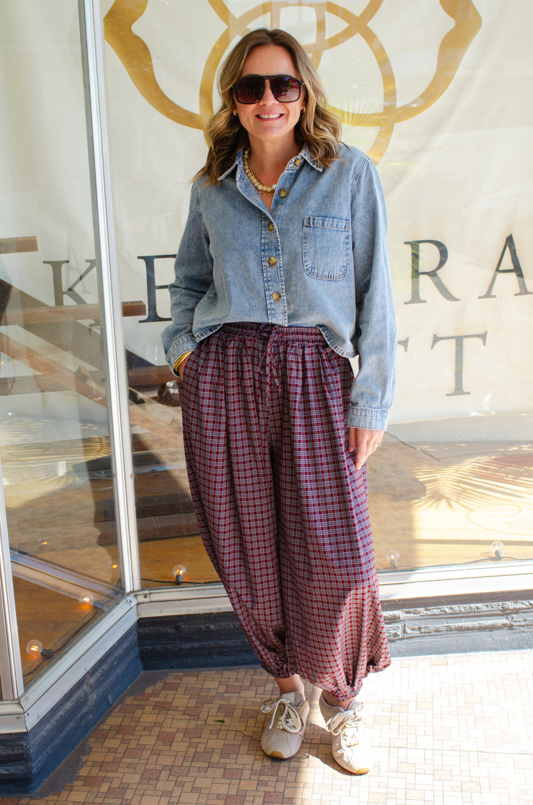 Plaid Boho Balloon Pant in Burgundy Mix