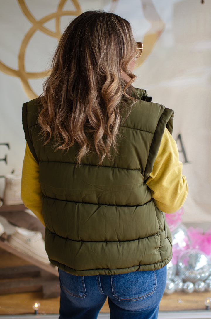 On Trend Zip Up Puffer Vest in Olive