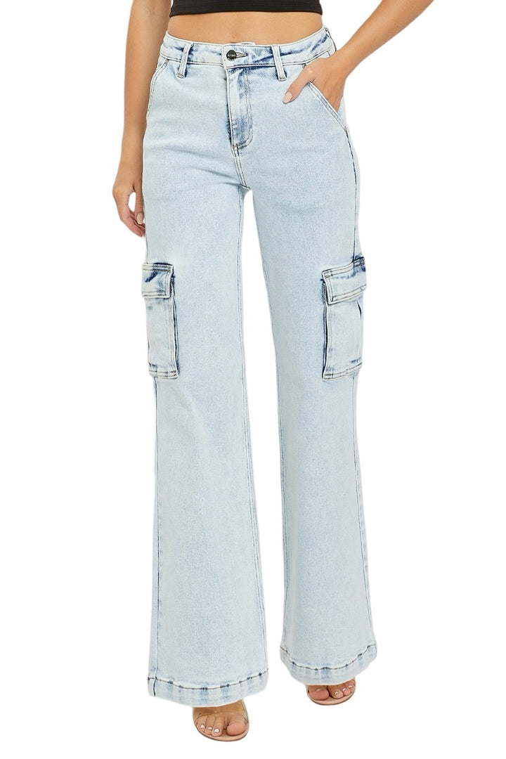 Risen High Rise Wide Leg Cargo Jeans in Light Wash