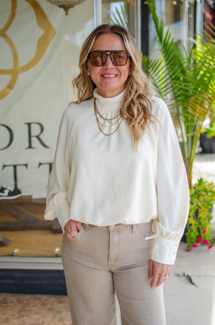 Take Your Time High Necklace Bubble Hem Long Sleeve in Cream
