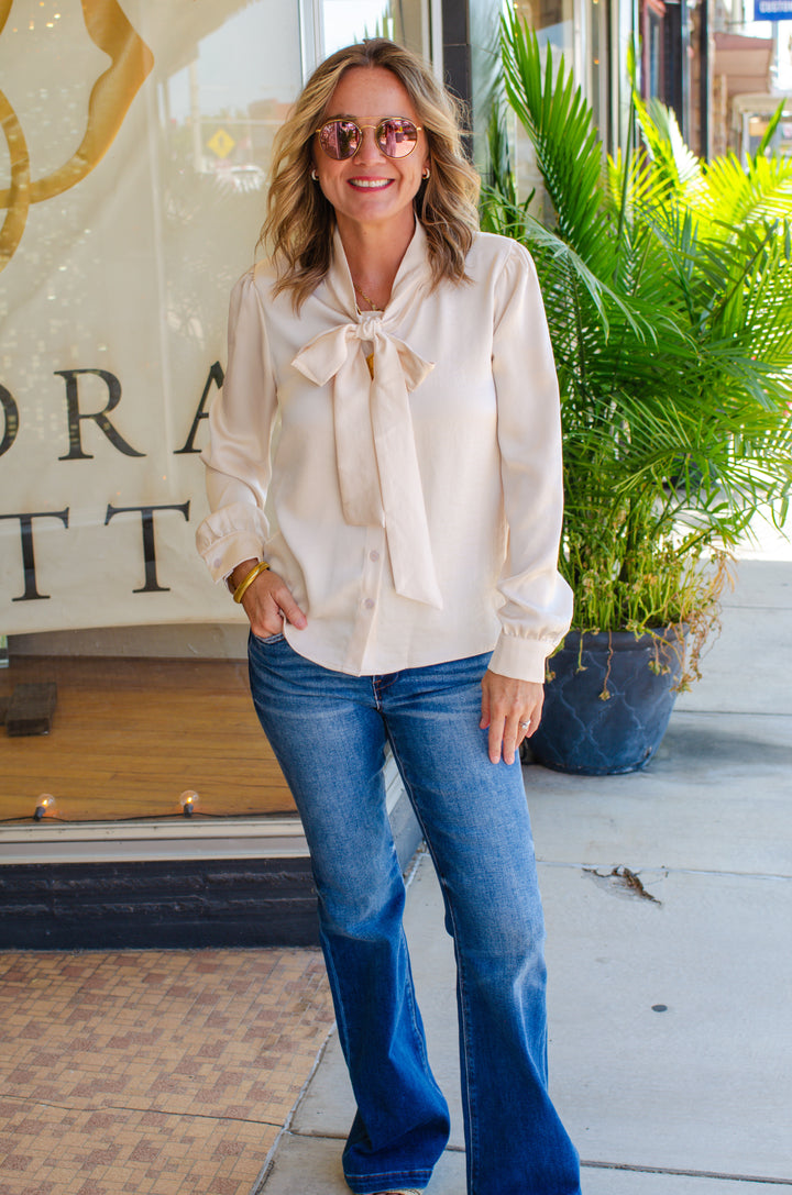 Your My Beau Tie Front Silky Long Sleeve Top in Champagne