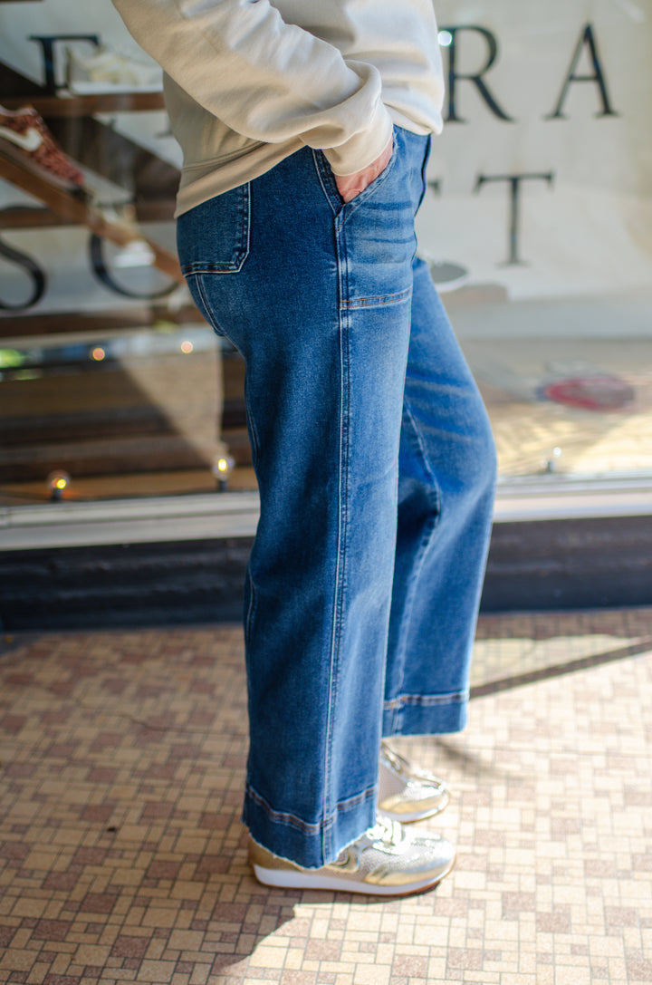 Risen High Rise Crop Straight Front Seam Detailed Jeans in Dark