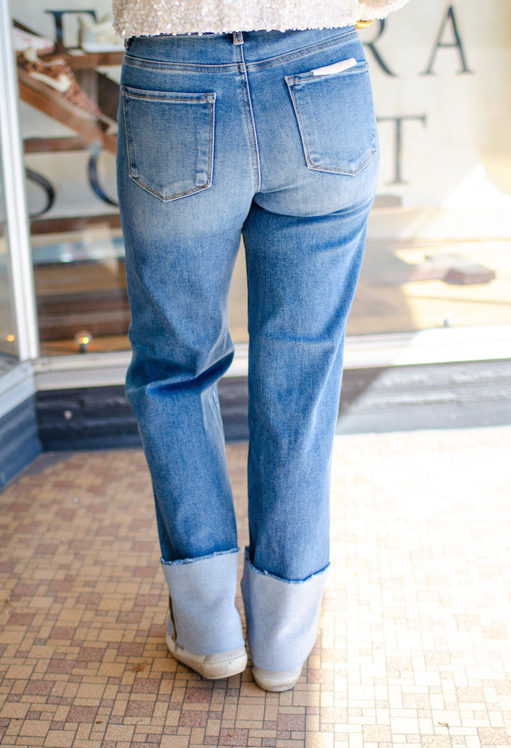 Risen High Rise Ankle Wide Cuffed Jeans in Medium