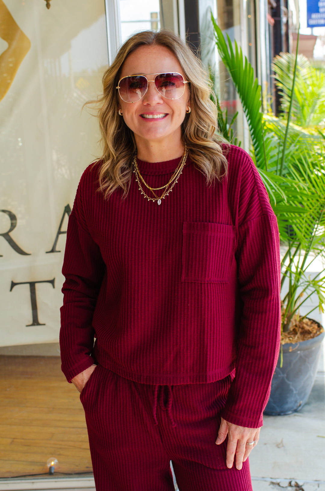 Make Your Way Thermal Pocket Long Sleeve Top in Burgundy