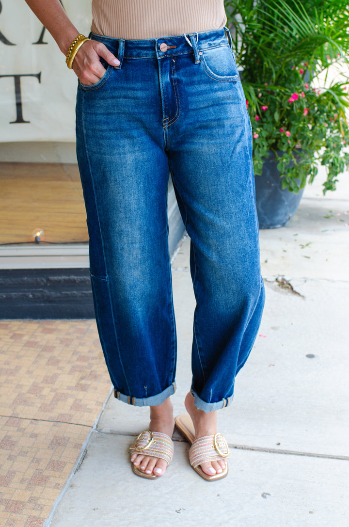 Risen High Rise Barrel Jeans in Dark Wash