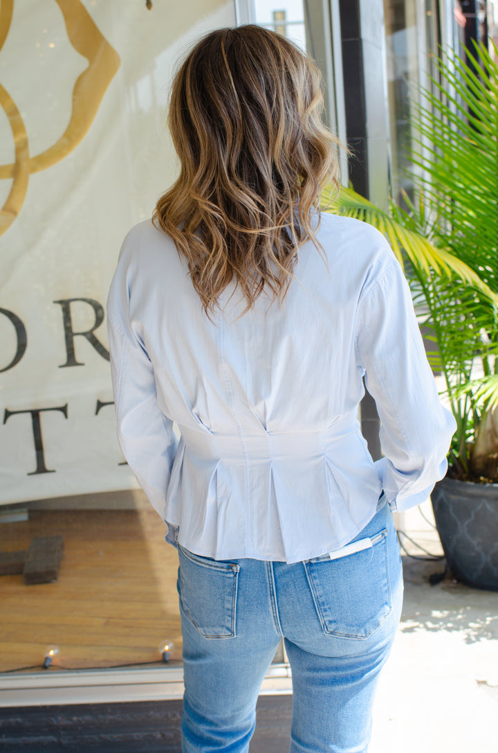 Sweet Moments Peplum Long Sleeve Collared Top in Blue