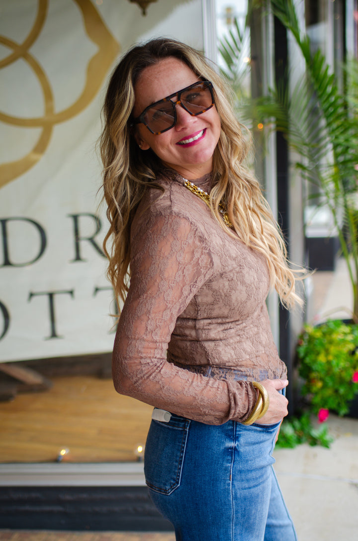 Fall Romance Fitted Floral Print High Neck lace Top in Mocha