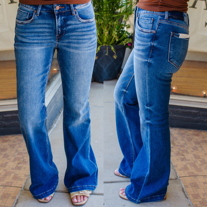 Risen Low Rise Flare Jeans in Dark Wash