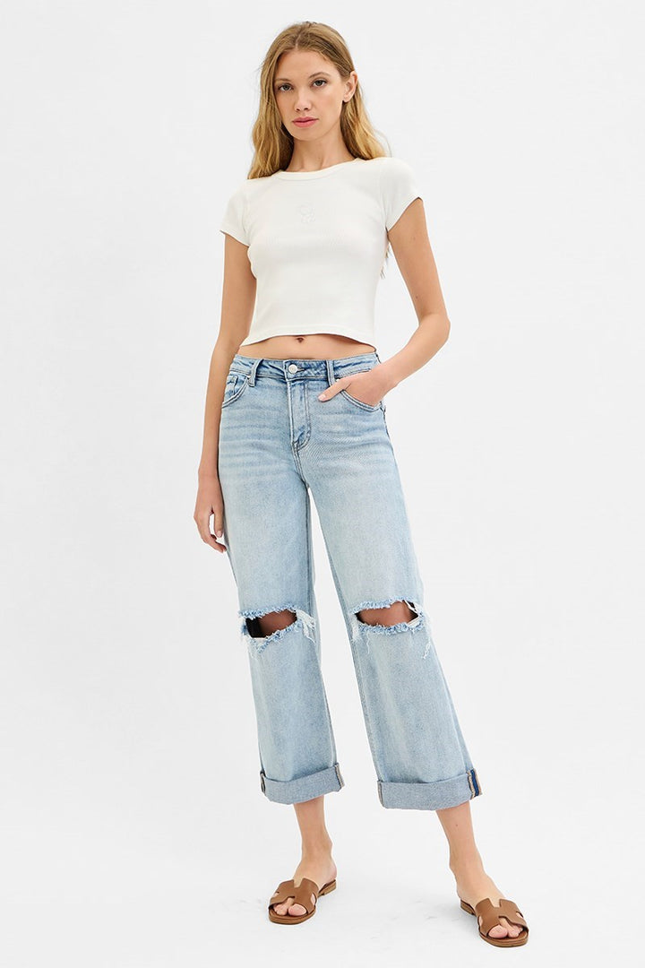 Risen Mid Rise Boyfriend Fit Cut Off Jeans in Light Wash