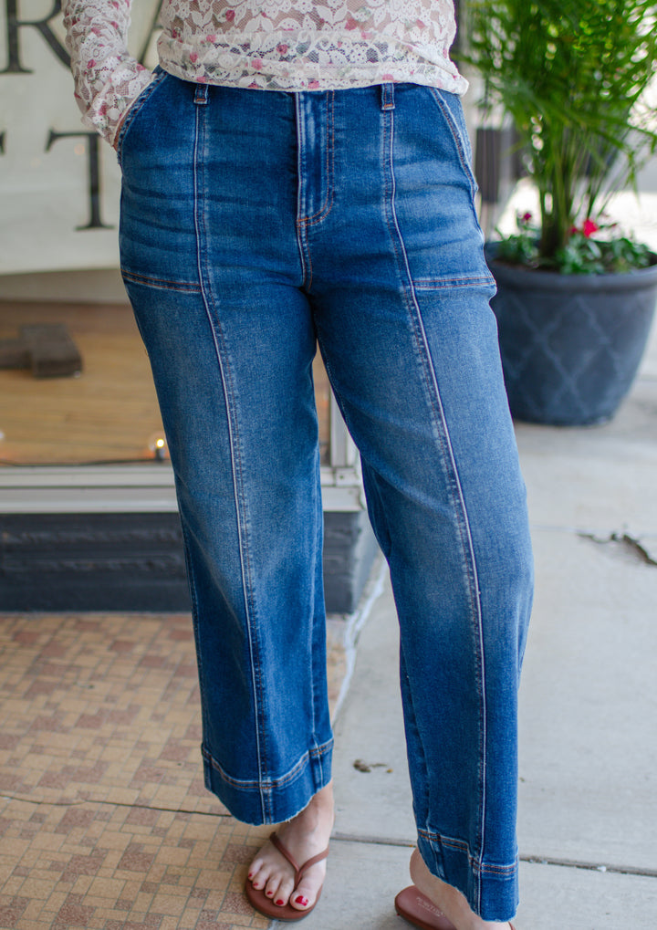 Risen High Rise Crop Straight Front Seam Detailed Jeans in Dark Wash