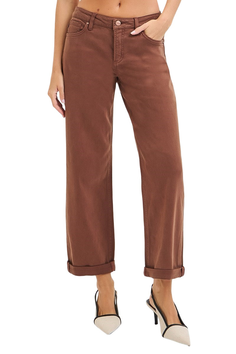 Risen Tummy Control Mid Rise Ankle Barrel Relaxed Baggy Jeans in Chocolate