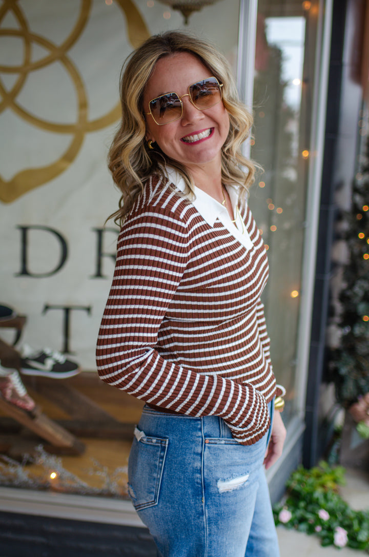Take Heart Fitted Stripe Collared Long Sleeve in Chocolate & Ivory