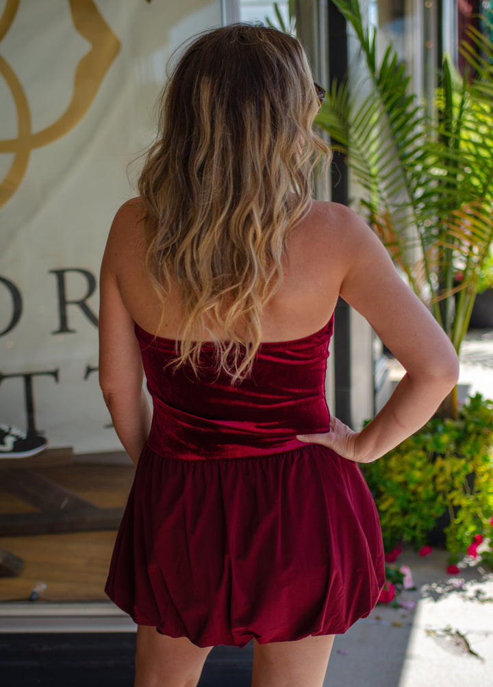 Take Me Out Velvet Strapless Bubble Hem Dress in Wine