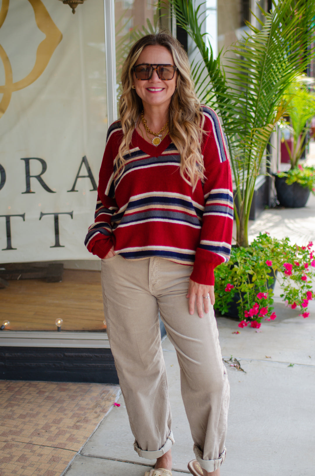 Change of Season Deep Red Stripe V-Neck Sweater