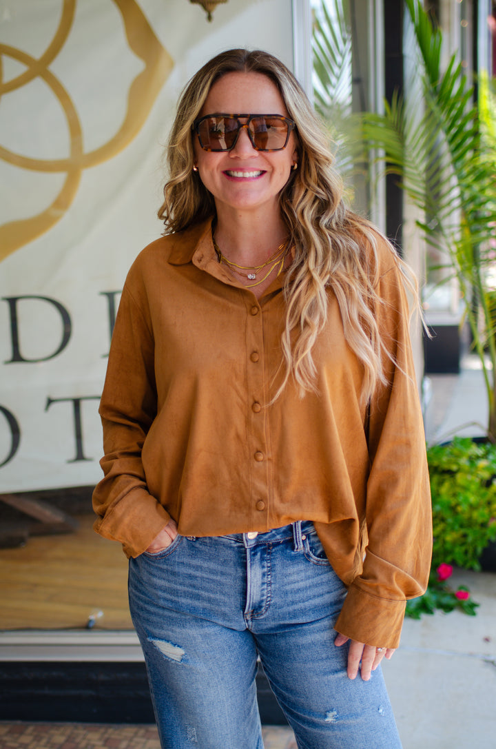 Chic Date Night Suede Like Button Down Top in Camel