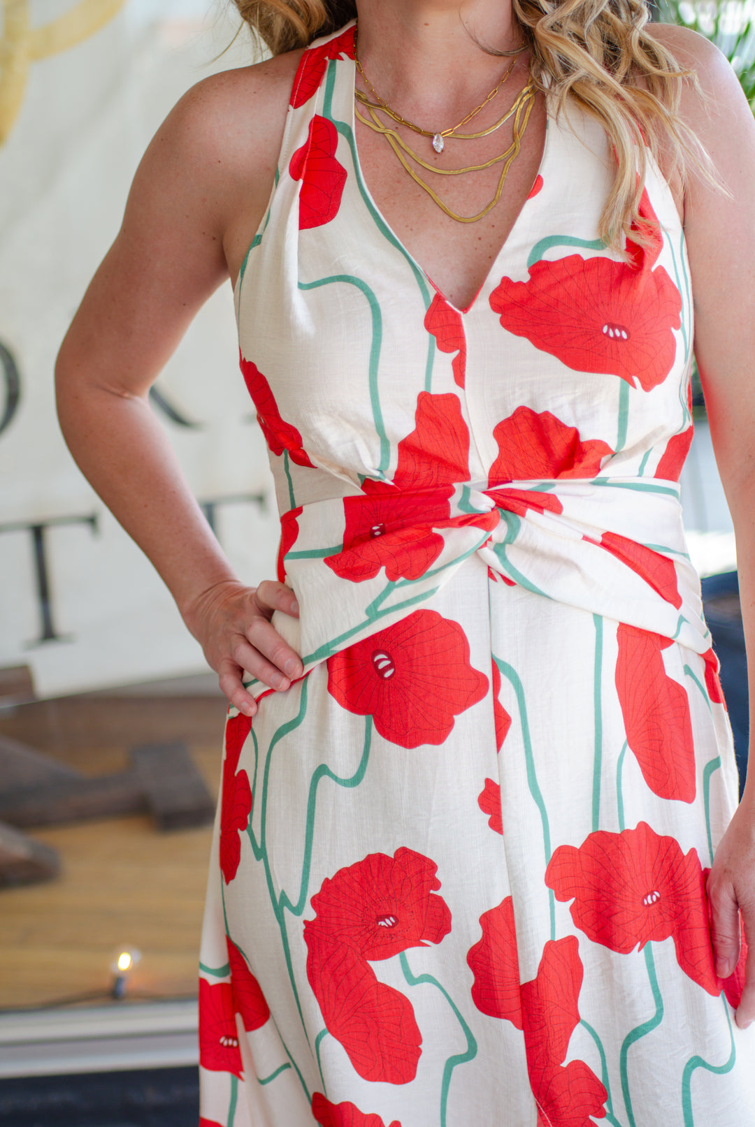 Simply Adored Coral Poppy Floral Halter Maxi Dress