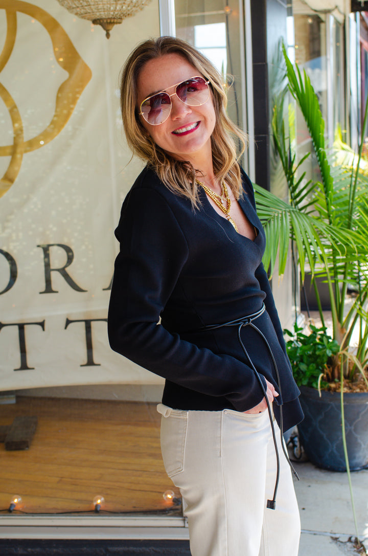 Wrapped Up in You Knit Belted Cardigan Top in Black