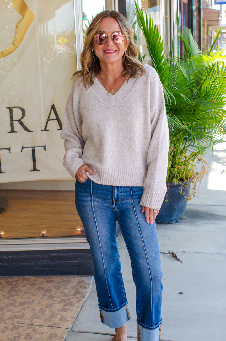 Cozy Fall V-Neck Soft Knit Sweater in Oatmeal