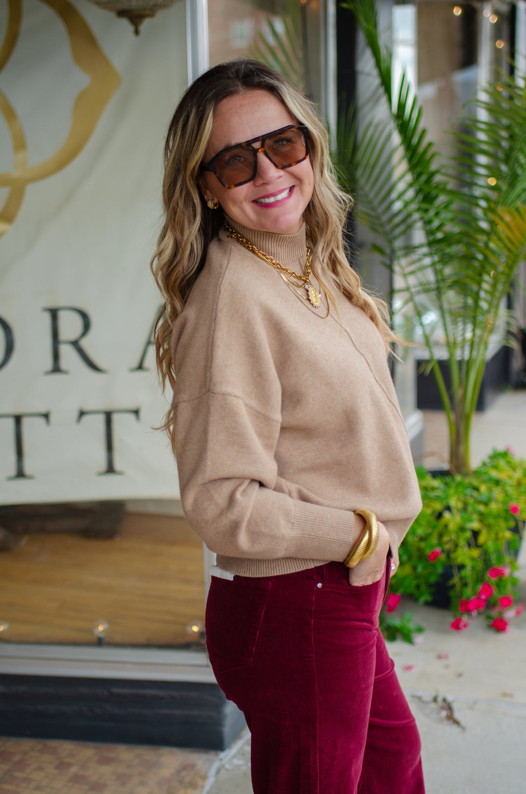 Winter Wish Front Seam Mock Neck Long Sleeve Knit Sweater in Camel