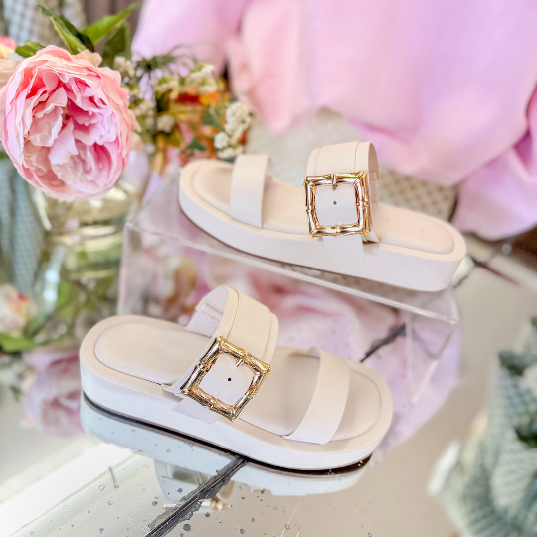 Elle Ivory Linen Gold Buckle Slide Sandal