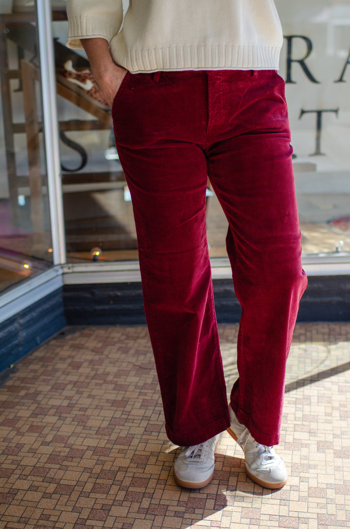 Risen Tummy Control Mid Rise Ankle Straight Leg Corduroy Pants in Wine