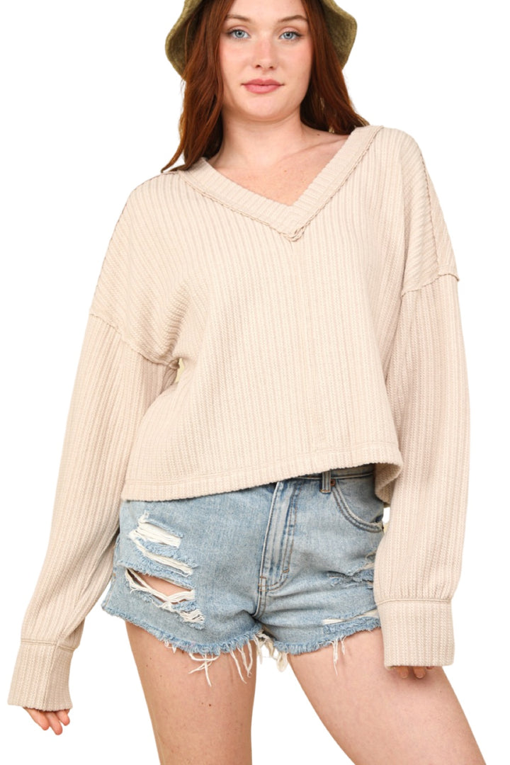 Comfort & Style V-Neckline Long Sleeve Top in Cream