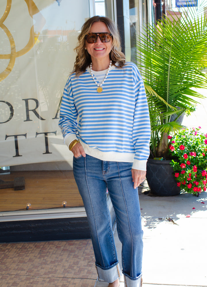 Cozy Casual Stripe Sweatshirt in Cream & Blue