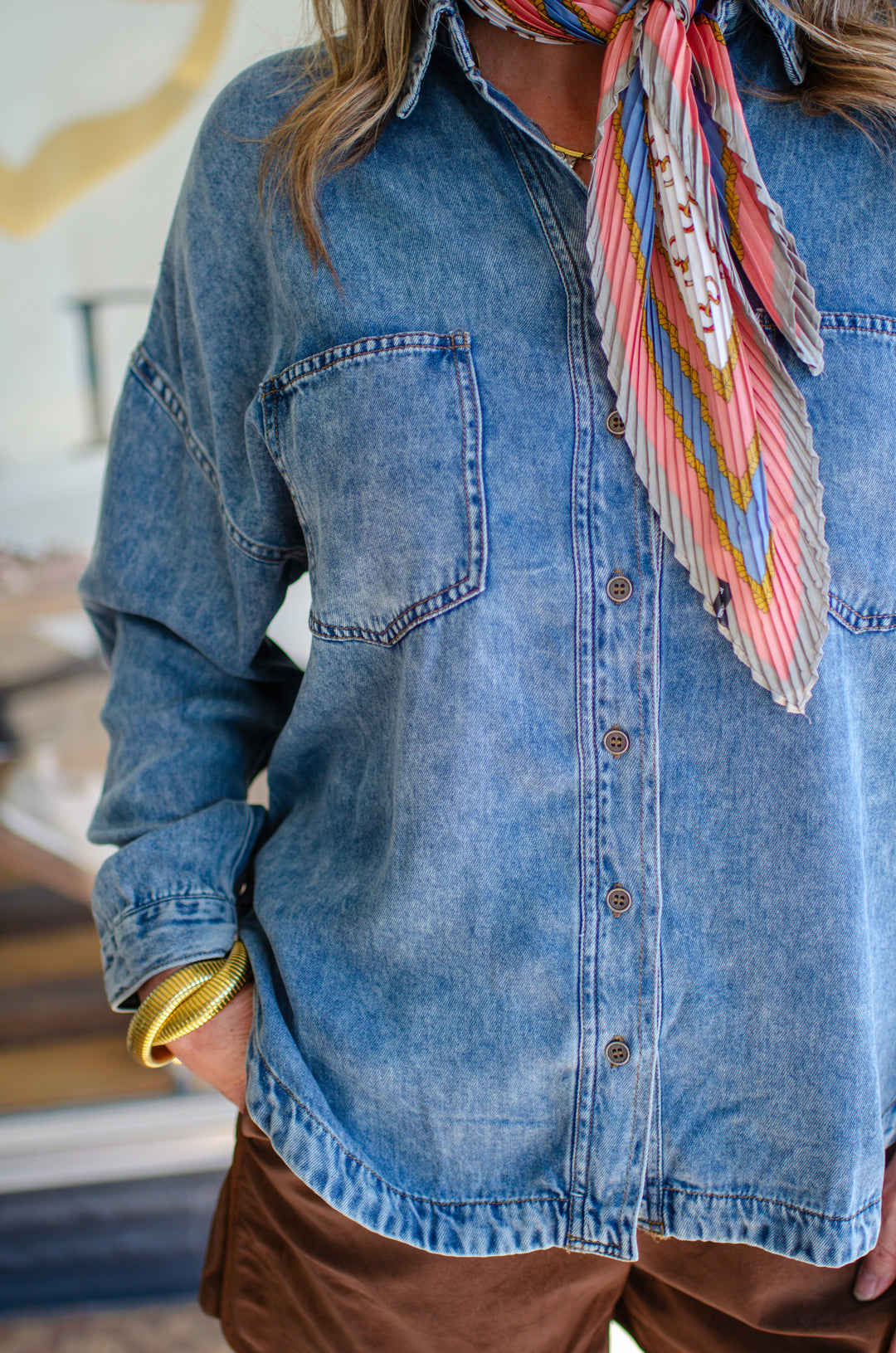 Chambray Perfection Button Down Oversized Pocket Long Sleeve Top