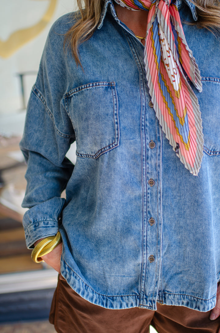 Chambray Perfection Button Down Oversized Pocket Long Sleeve Top