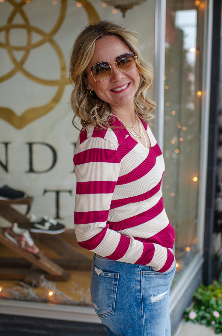Warmth In You Burgundy & Tan Collared Stripe Long Sleeve Top