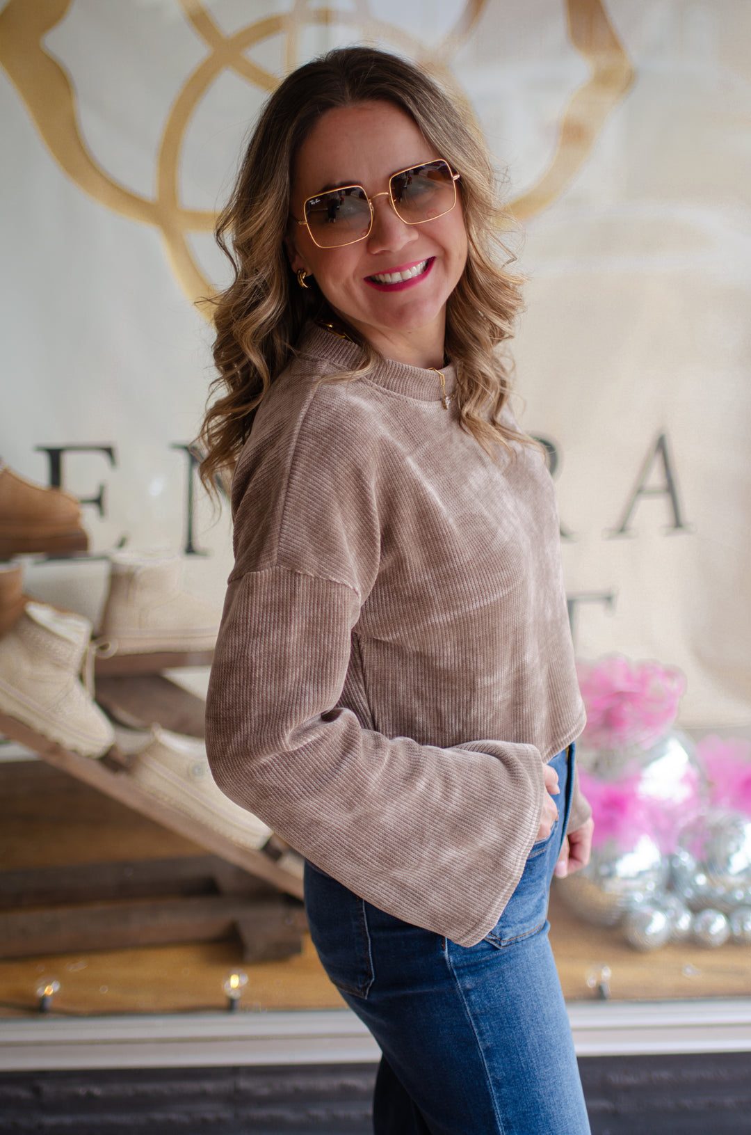 Cozy Up To Me Soft Chenille Bell Sleeve Sweater Top in Taupe