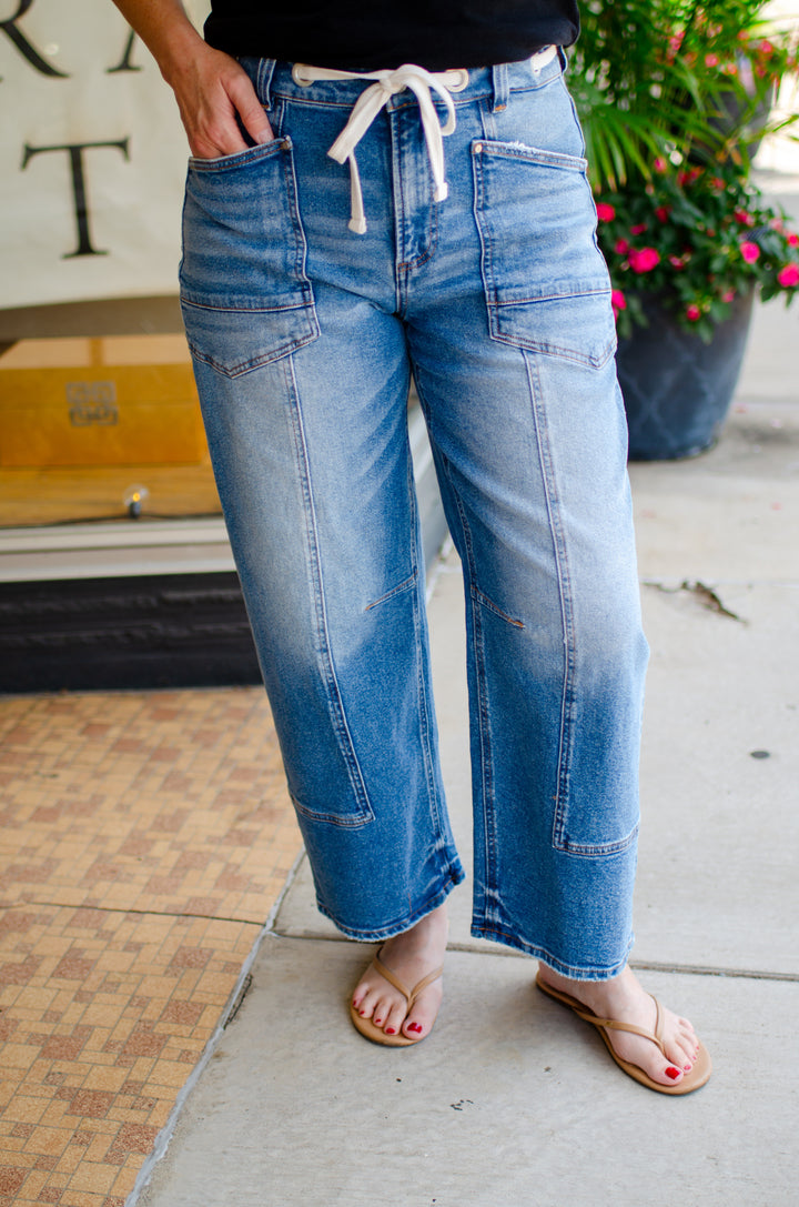 Risen Slouchy Crop Barrel Eyelet Waistband Jeans in Medium Wash