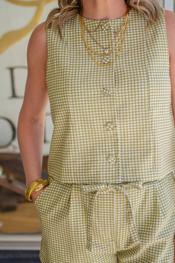 Make A Way Gingham Green Sleeveless Button Down Top