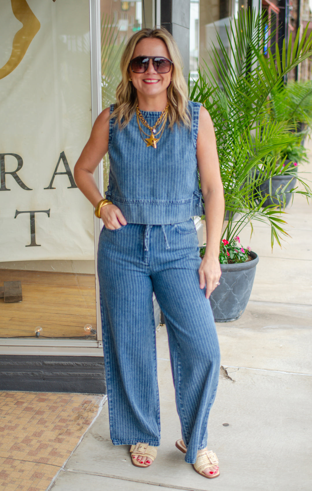 Bold Stripe Denim Pinstripe Sleeveless Top