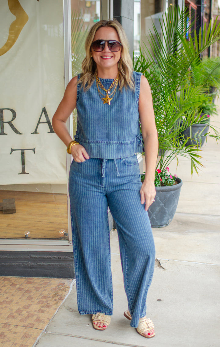 Bold Stripe Denim Pinstripe Sleeveless Top